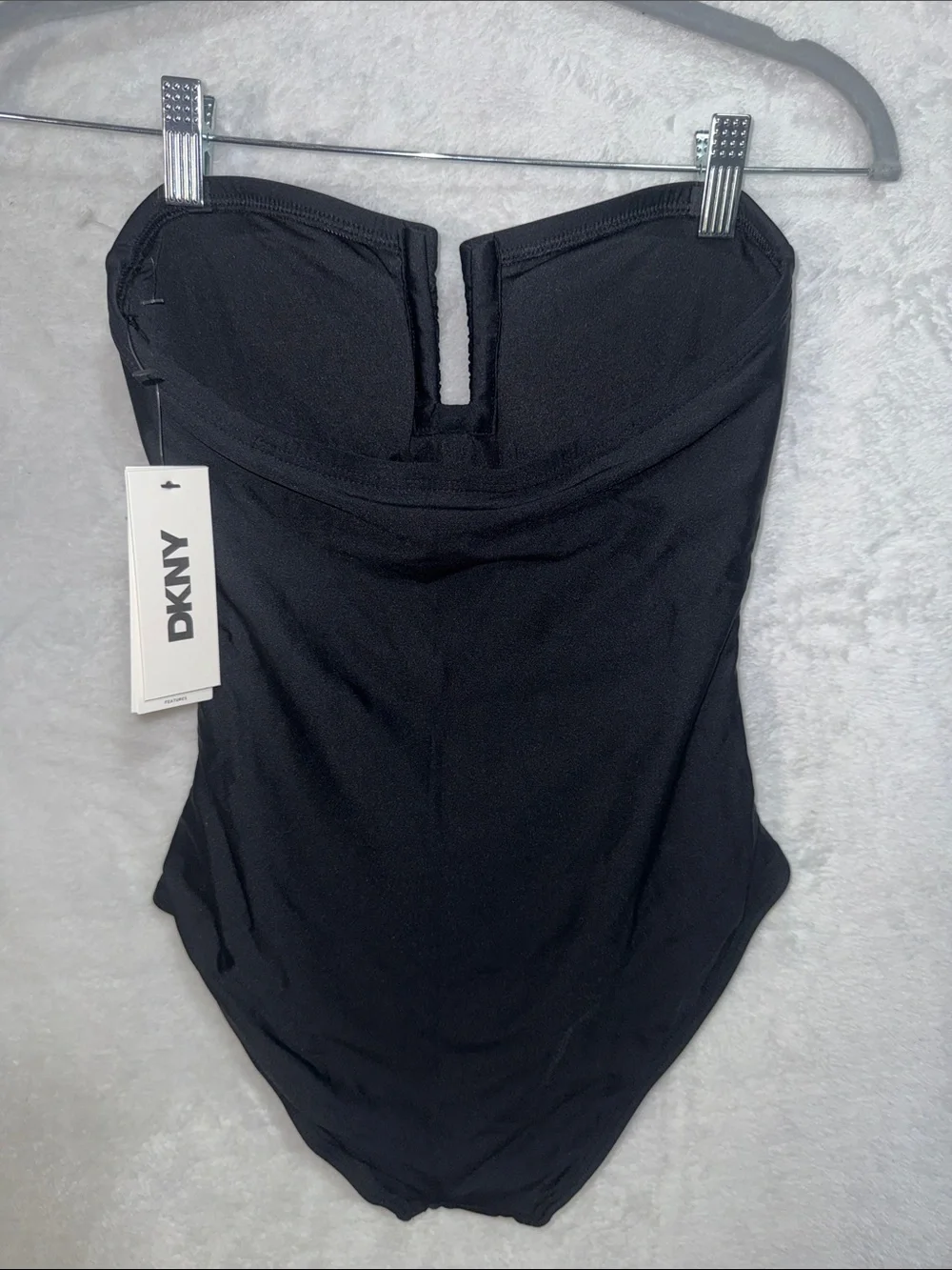 DKNY Black Strapless Ruched One-Piece Swimsuit Tummy Compression UPF 40 S - Picture 4 of 10